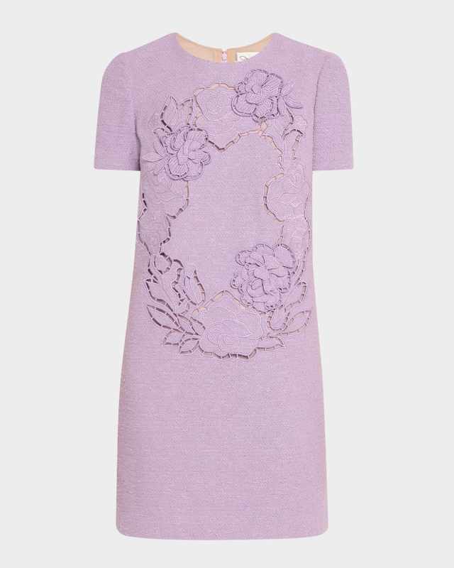Short-Sleeve Floral Embroidered Tweed Mini Dress